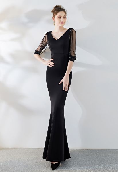 Draped Bead Mesh Sleeve Gown in Black