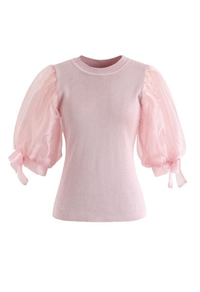 Organza Bubble Sleeves Knit Top in Pink