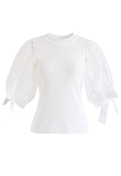 Organza Bubble Sleeves Knit Top in White