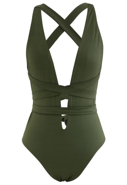 Deep V-Neck Lace-Up One-Piece Swimsuit in Army Green