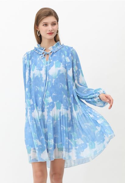 Pleated Ruffle Puff Sleeves Tie-Dye Dolly Dress