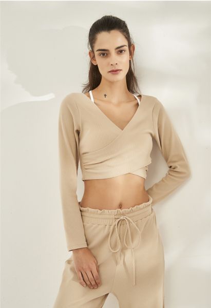 Crisscross Front Long Sleeves Ribbed Top in Sand