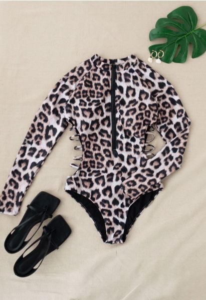 Cheetah Print Long Sleeves Zipper One-Piece Swimsuit