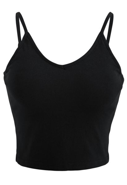 Cropped Rib Cami Tank Top in Black