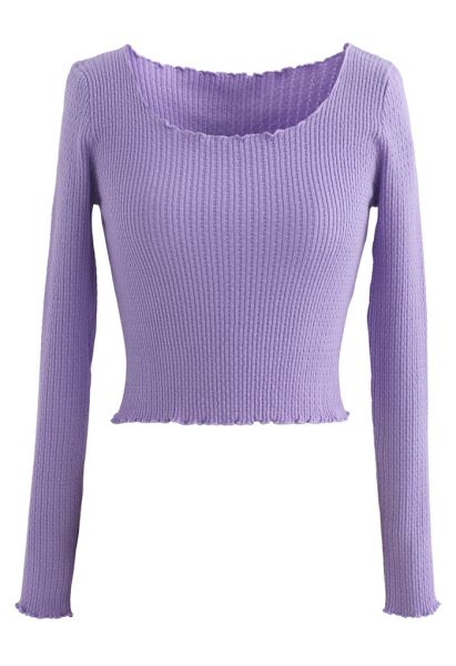 Lettuce-Hem Crop Knit Top in Purple