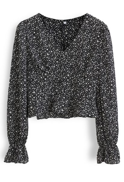 Spotted V-Neck Button Crop Top in Black