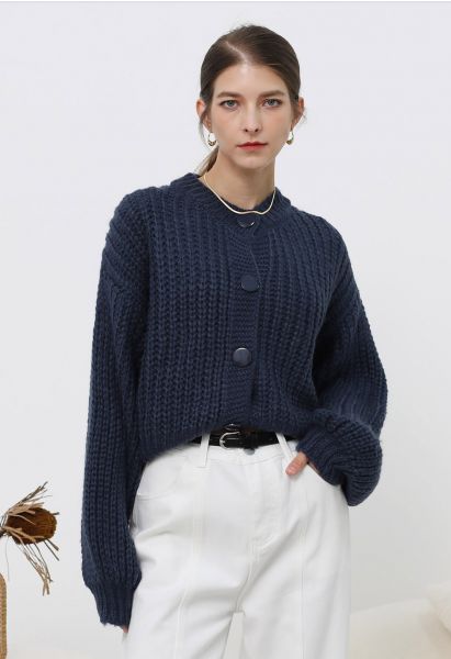 Puff Sleeves Buttoned Crop Chunky Knit Cardigan in Navy