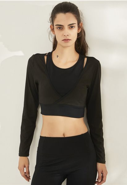 Fake Two-Piece Sleeves Cropped Sports Top in Black
