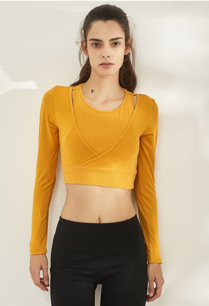 Fake Two-Piece Sleeves Cropped Sports Top in Orange