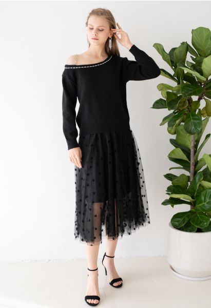 3D Clover Double-Layered Mesh Midi Skirt in Black