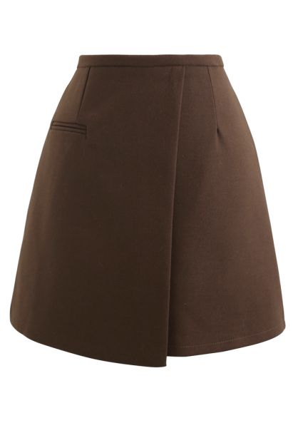 Fake Pocket Flap Bud Skirt in Brown