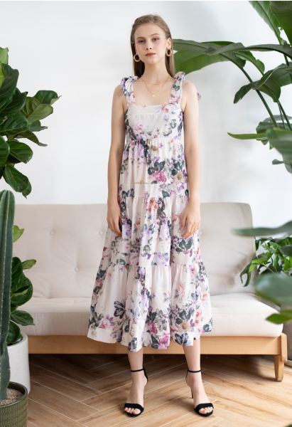 Watercolor Flowers Printed Tie-Strap Maxi Dress