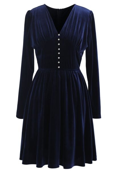 Button Trim V-Neck Ruched Velvet Dress in Navy