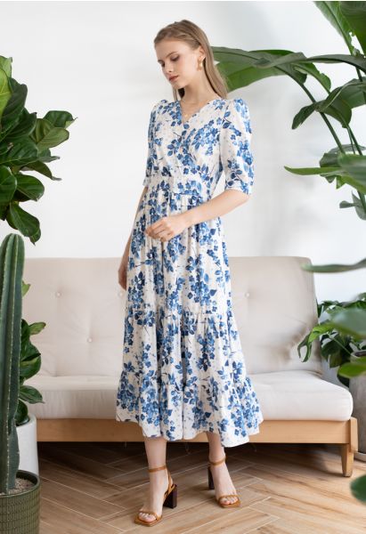 Blue Floral Printed Wrap Frilling Dress