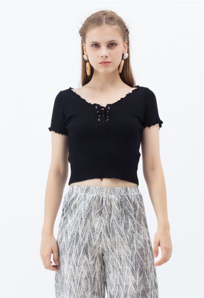 lettuce Edge Lace-Up Crop Knit Top in Black