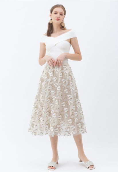 3D Butterfly Embroidered Double Layered Tulle Skirt in Cream