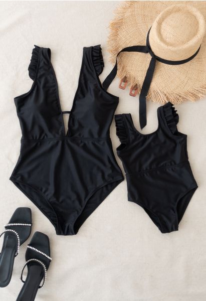 Solid Black Ruffle Detail Swimsuit for Mommy & Kids