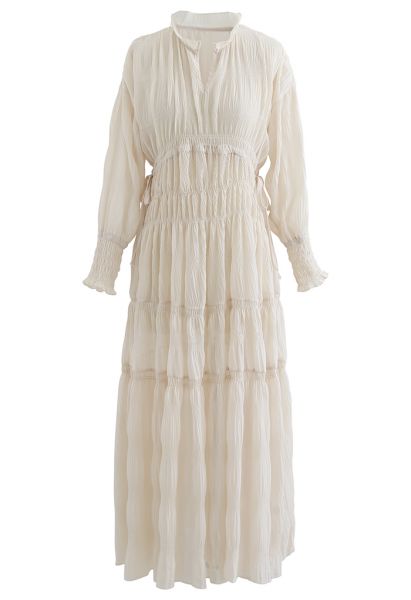 Full Shirring Side Drawstring Chiffon Dress in Cream