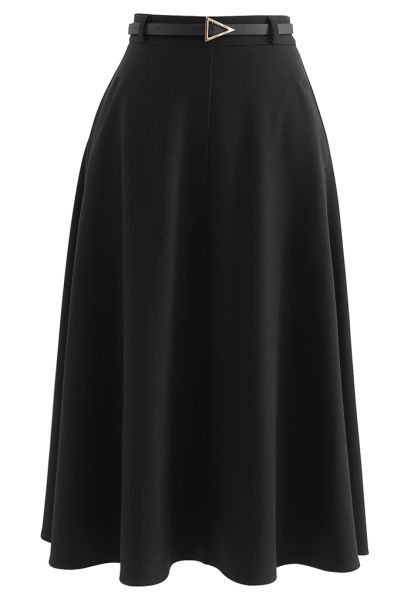 Slanted Side Pocket Belted A-Line Midi Skirt in Black