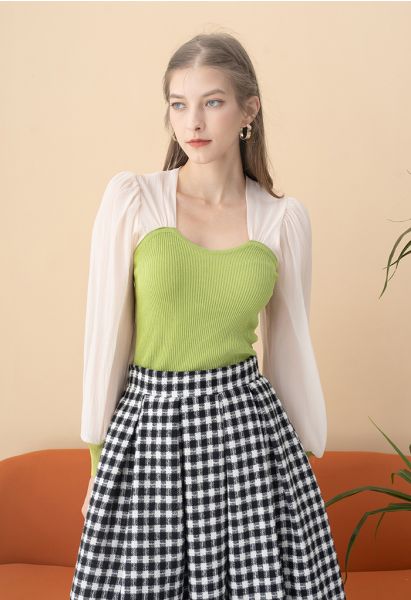 Spliced Bubble Sleeve Knit Top in Green