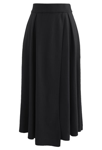 All-Match Flap A-Line Knit Skirt in Black