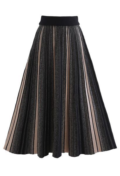 Contrast Vertical Line Pleated Knit Skirt