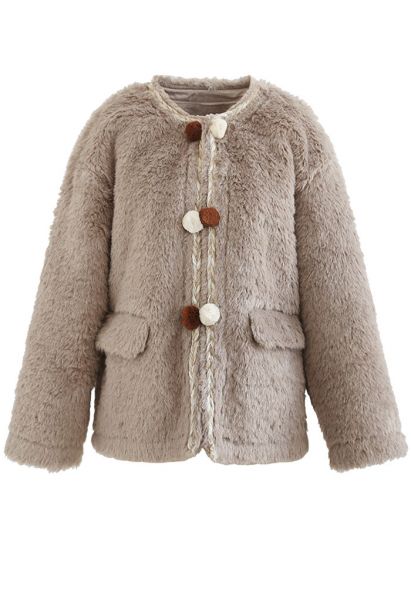 Contrast Ball Decorated Faux Fur Suede Coat in Khaki