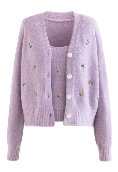 Embroidered Posy Cami Top and Cardigan Set in Lilac