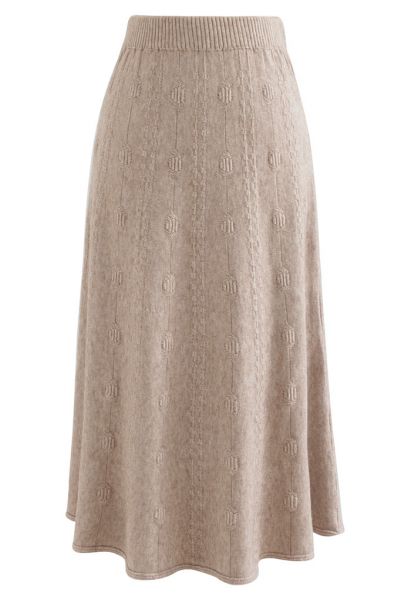 Embossed Chain A-Line Knit Skirt in Camel