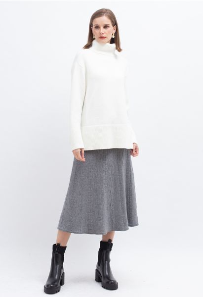 Embossed Chain A-Line Knit Skirt in Grey