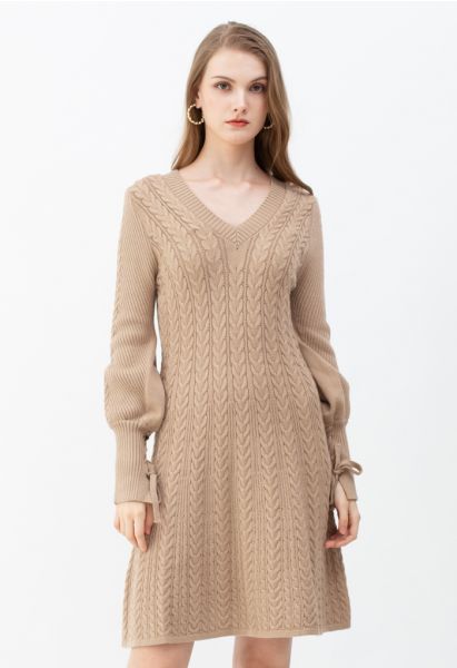 Lace Up Sleeves V-Neck Braid Knit Dress in Camel