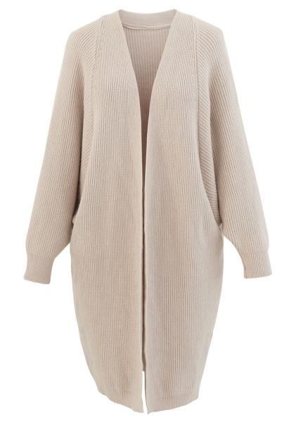 Batwing Ribbed Knit Longline Cardigan in Sand