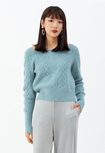 Cropped Square Neck Braid Knit Sweater in Turquoise