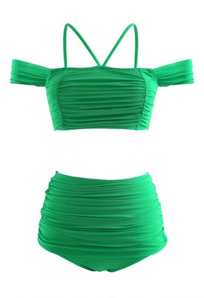 Ruched Mesh Cold-Shoulder Bikini Set in Green