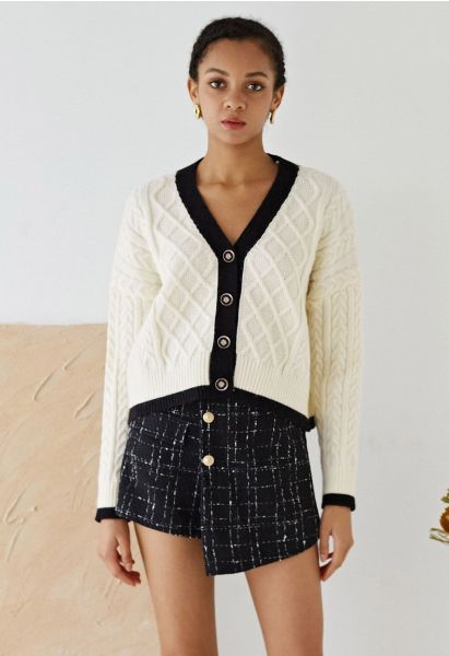 Braid Diamond Cropped Knit Cardigan in Cream