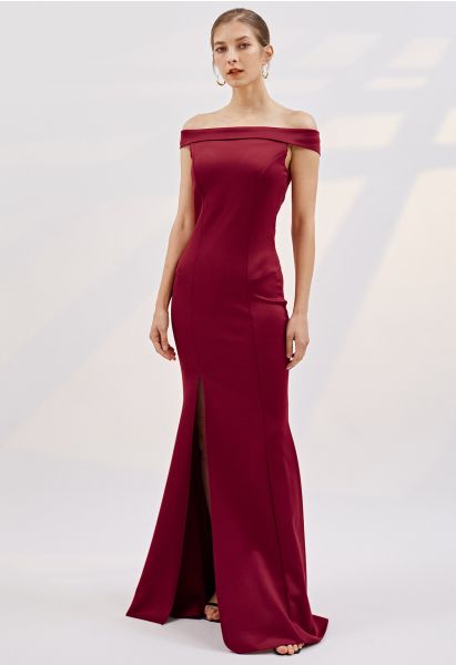 Folded Off-Shoulder Slit Mermaid Gown in Burgundy