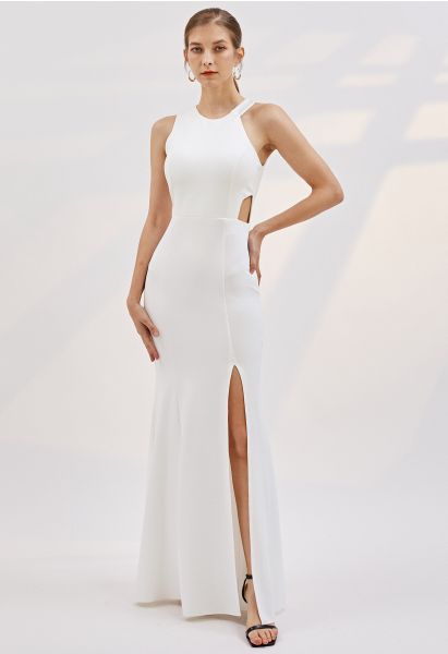 Asymmetric Halter Neck Split Mermaid Gown in White