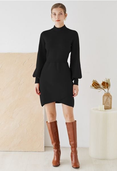 Mock Neck Cross Hem Knit Midi Dress in Black