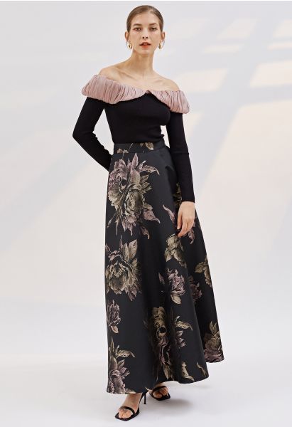 Glittery Peony Jacquard Maxi Skirt in Black