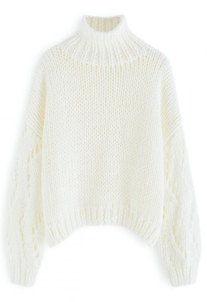 Pointelle Sleeve High Neck Hand-Knit Sweater in White