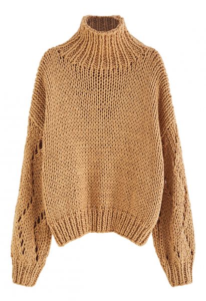 Pointelle Sleeve High Neck Hand-Knit Sweater in Tan