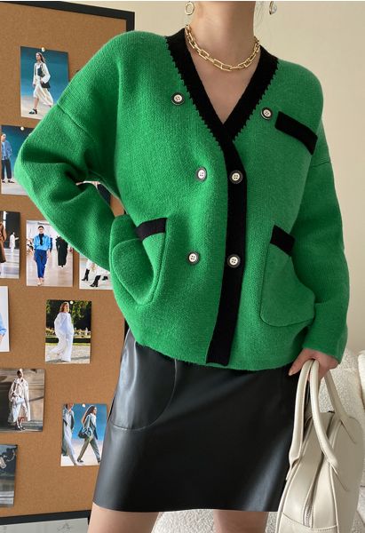 Double-Breasted Contrast Color Cardigan in Green