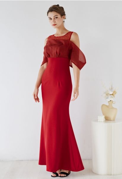 Spliced Organza Cold-Shoulder Gown in Red