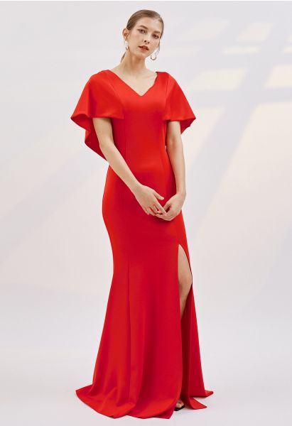 Cape Sleeves Split Mermaid Gown in Red