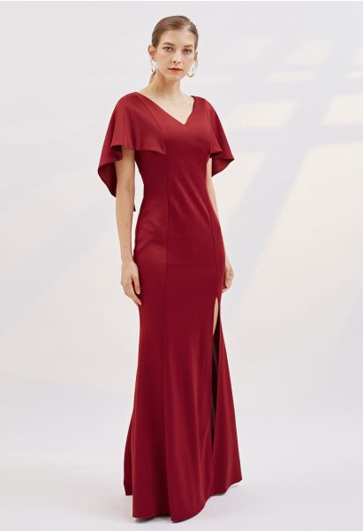 Cape Sleeves Split Mermaid Gown in Burgundy