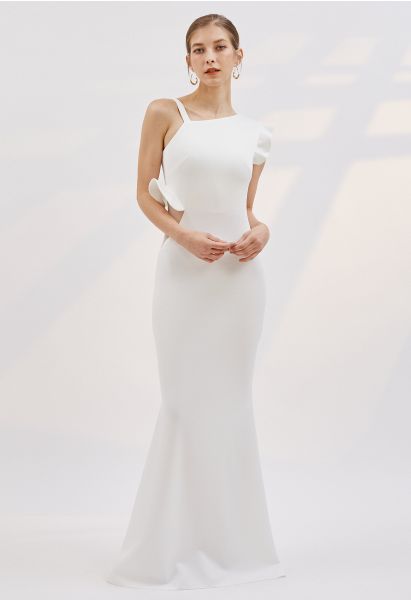 Asymmetric Strap Ruffle Mermaid Gown in White