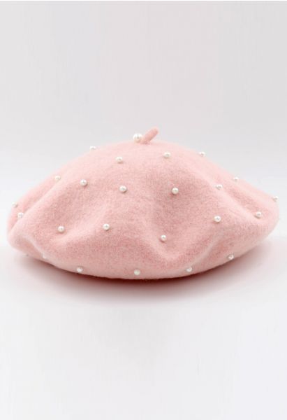 Handmade Pearl Wool Blend Beret Hat in Pink