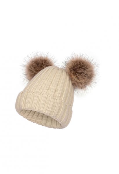 Fuzzy Pom-Pom Knit Beanie Hat in Sand