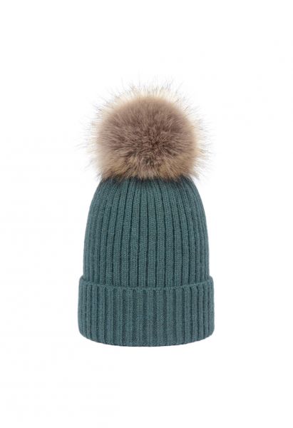 Pom-Pom Ribbed Knit Beanie Hat in Turquoise