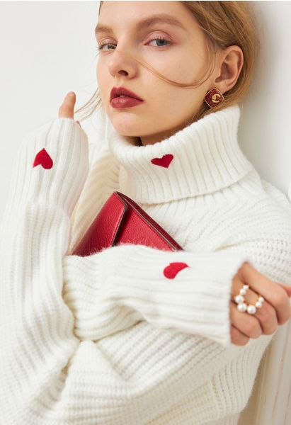 Embroidered Red Heart Turtleneck Crop Sweater in White